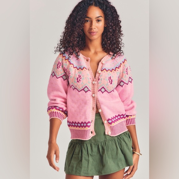 LoveShackFancy Sweaters - LoveShackFancy Honeypie Classic Boyfriend Cardigan Berry Smash Pearl Button Up